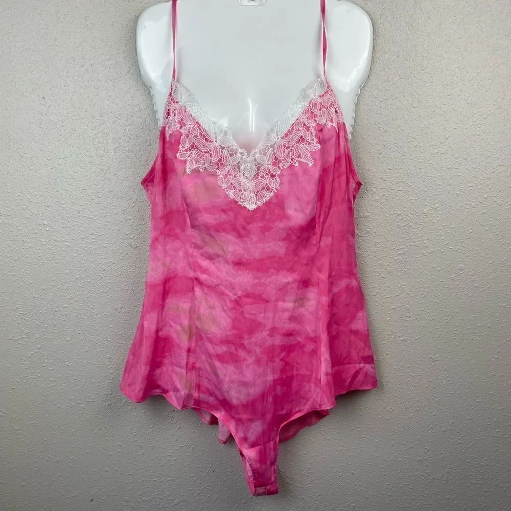 NWOT Free People Intimately Pink and White Lace Bodysuit Size L